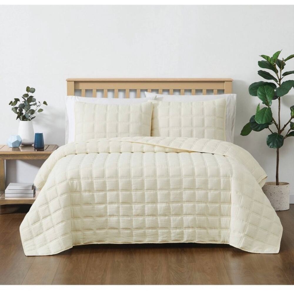 NEW! Truly Soft Cozy Gauze 3pc Quilt Set King Beige Ivory